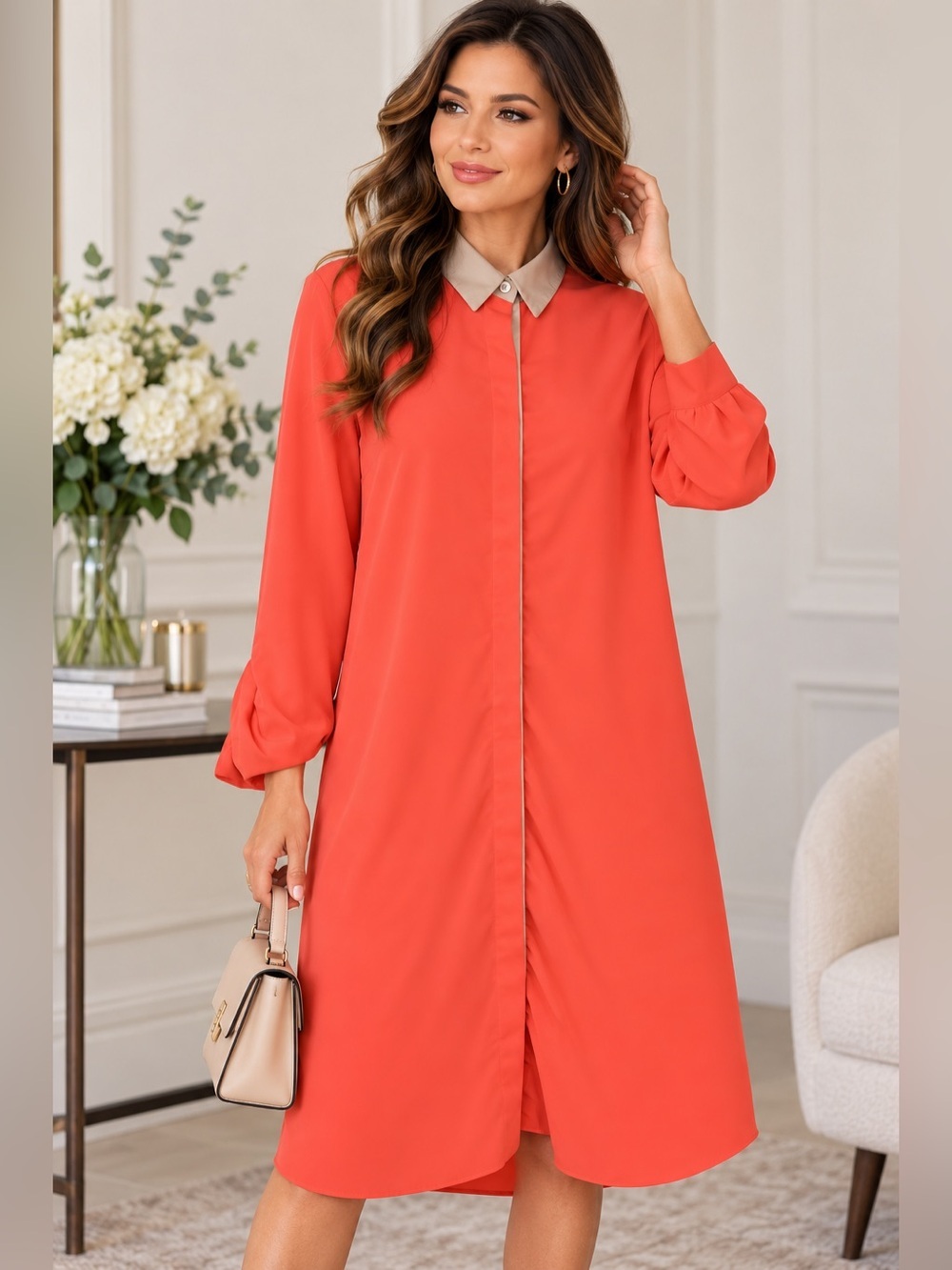 BSB Fashion Women’s Coral Orange Contrast Collar Shirt Dress Size 10 Like New